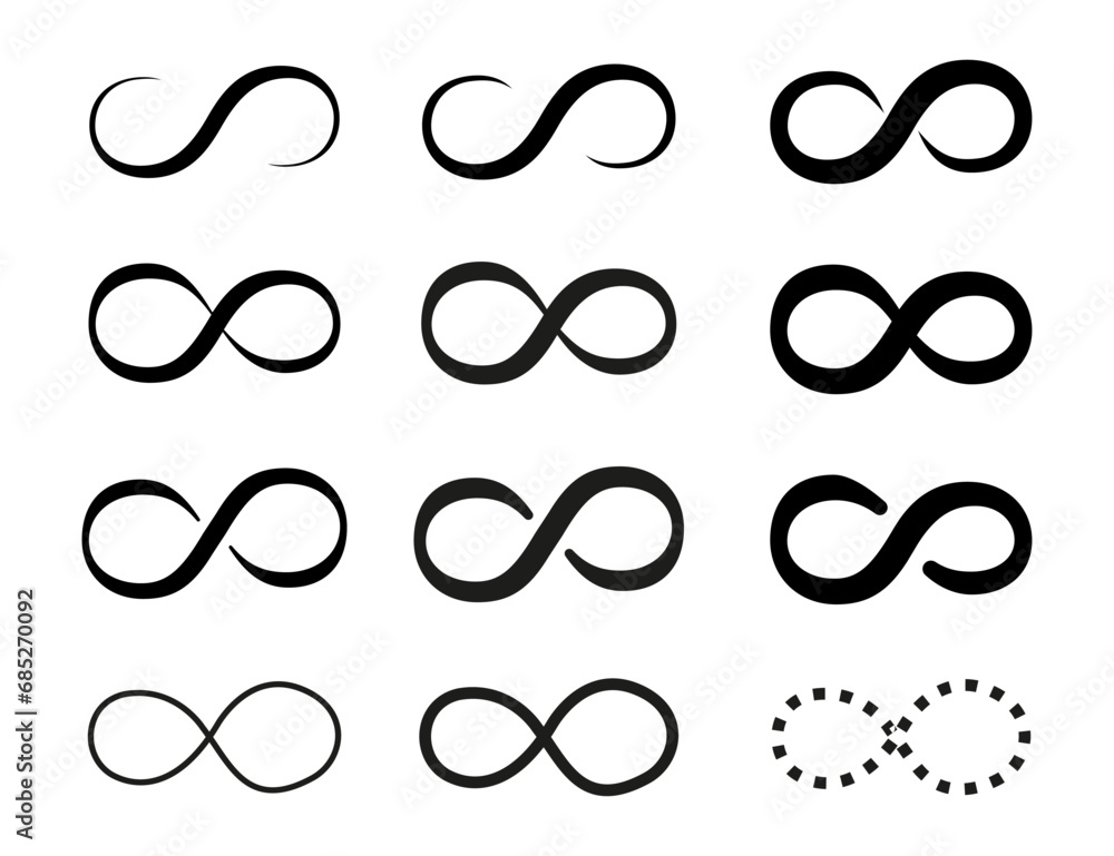 Infinity set in abstract style. Round logo. Future concept. Infinity flat symbol vector set on white background. Vector illustration Infinity set in abstract style. Round logo. Future concept. Infinity flat symbol vector set on white background. Vector illustration