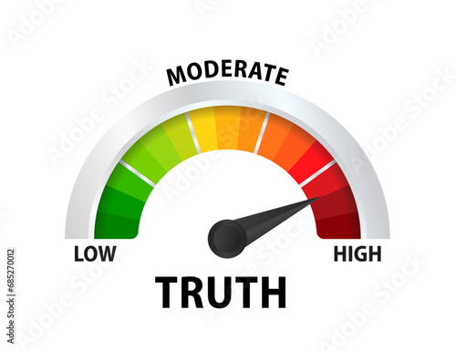 Abstract meter read level of truth result. Color scale with arrow. The measuring device. Colorful infographic gauge element. Vector illustration