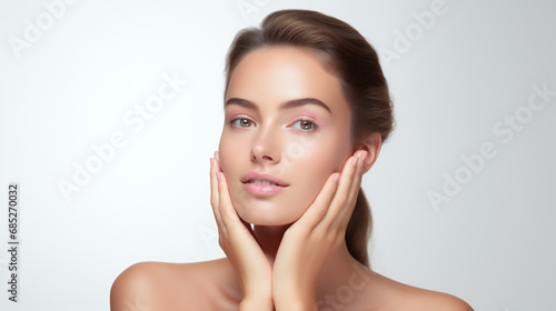 beautiful young woman lightly touching face with hands on white background, clean glowing skin