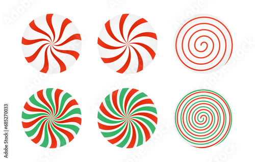Set of red and green candies caramel, Lollipop. Striped candy unwrapped on a white background. Vector design element for Christmas, New year, winter holiday, dessert, new year's. Vector illustration