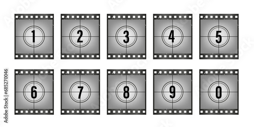 Set a classic film countdown frame at the number one, two, three, four, five, six, seven, eight and nine. Film countdown sign. Movie timer count symbol. Retro cinema strip. Vector illustration