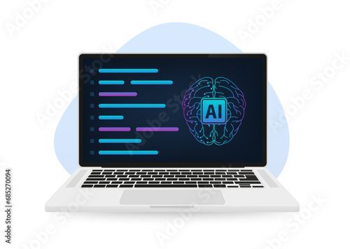 A laptop with screen writing coding and artificial intelligence brain processor development, electronic circuit computer technology concept, behind the scene of ai and robotic. Vector illustration