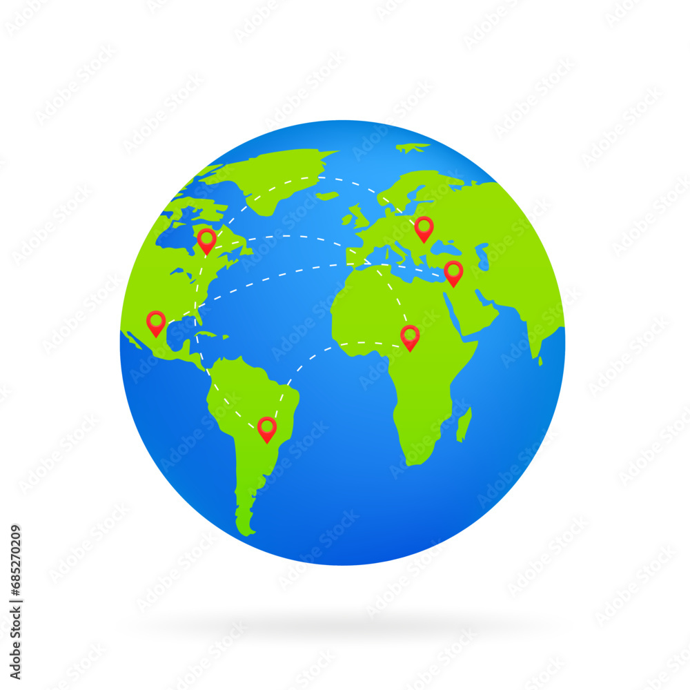 Cartoon planet Earth with red pointers 3d vector icon on white background. World traveling or GPS navigation concept. Vector illustration Cartoon planet Earth with red pointers 3d vector icon on white background. World traveling or GPS navigation concept. Vector illustration