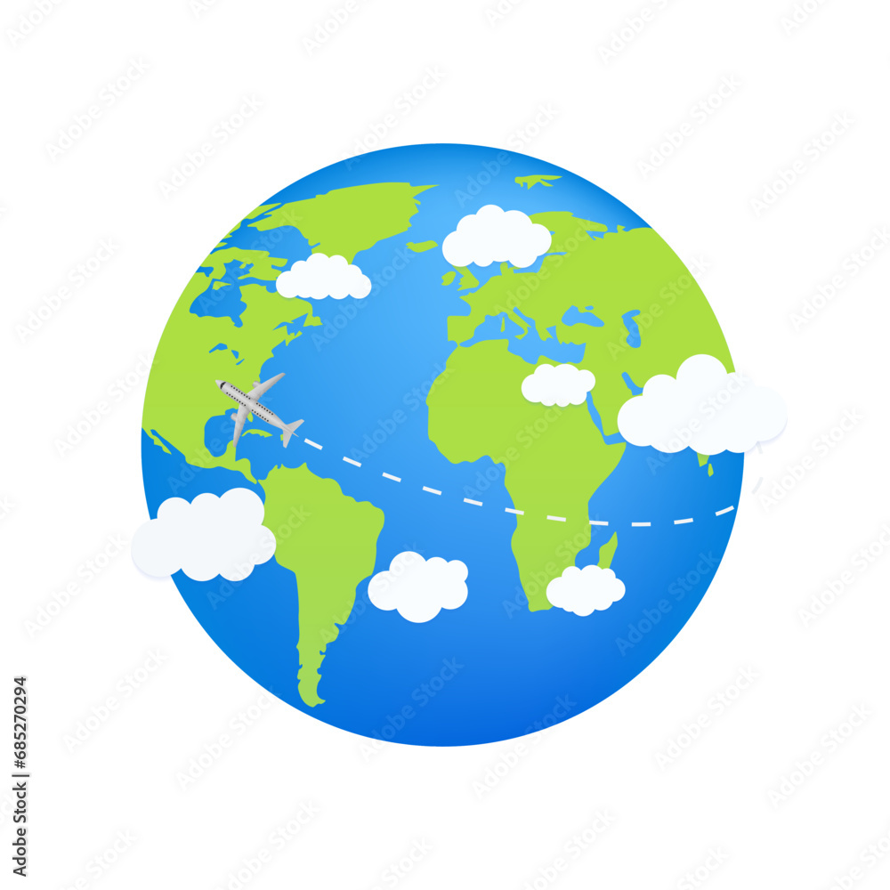 Plane flying over the world isolated on white background. Travel concept. World map designed as an Earth globe icon with flat color style. Vector illustration