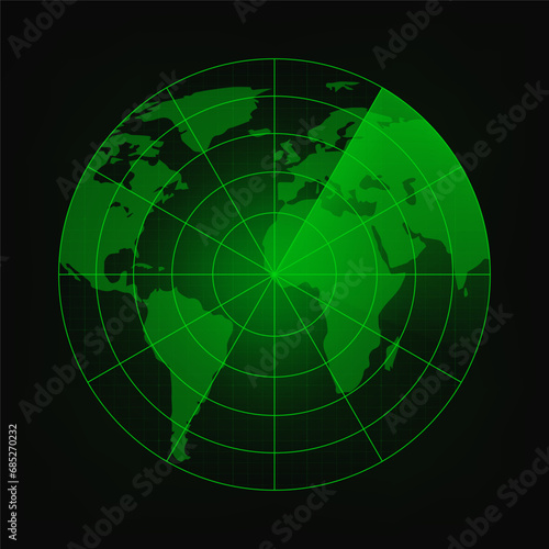 World map with a radar screen,digital green radar with targets and world map using as background and wallpaper. Navigation interface wallpaper. Navy sonar. Technology background. Vector illustration
