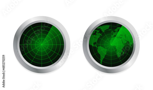 Realistic vector radar in searching. World map with a radar screen. Air search. Military search system blip illustration. Navigation interface wallpaper. Navy sonar. Vector illustration