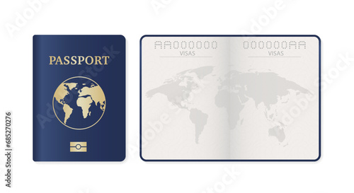 Passport cover with map. Passport pages. Realistic detailed 3d passport with open page, isolated on white background. International identity document. Front page design. Vector illustration
