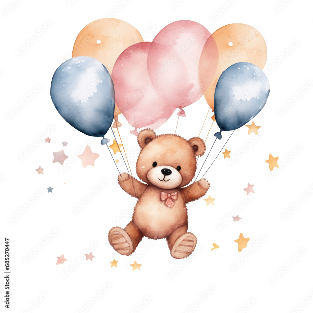 cute bear watercolor illustration with balloons on white background, png cute bear watercolor illustration with balloons on white background, png