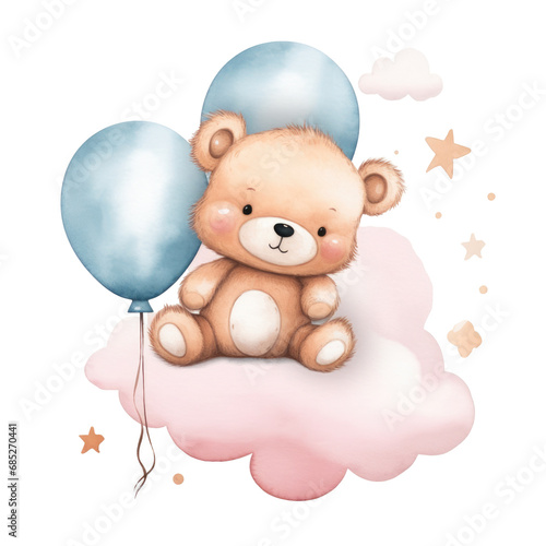 Watercolor illustration brown teddy bear on the cloud, moon, png