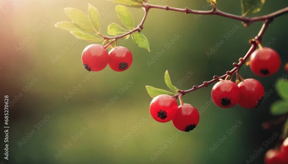 a branch with small red berries hanging from it's leaves and some green leaves on the other side of the branch, with bright sunlight shining on the background.