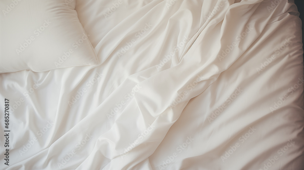 Top view of sheets and pillows. White linens. Bed texture. Generated AI Top view of sheets and pillows. White linens. Bed texture. Generated AI