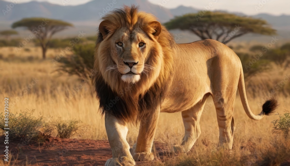 a close up of a lion walking in a field of grass with trees in the back ground and a mountain range in the back ground behind the lion is looking at the camera. a close up of a lion walking in a field of grass with trees in the back ground and a mountain range in the back ground behind the lion is looking at the camera.