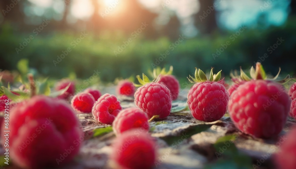 a bunch of raspberries on the ground with the sun shining in the back ground and trees in the back ground, in the foreground, and in the foreground, a cluster of raspberries in the foreground,. a bunch of raspberries on the ground with the sun shining in the back ground and trees in the back ground, in the foreground, and in the foreground, a cluster of raspberries in the foreground,.