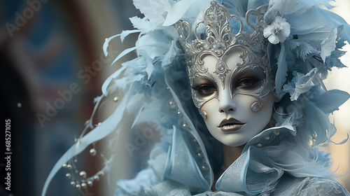 Mujer disfrazada carnaval de Venecia, azules, blancos y plata, color hielo, close-up de frente, elegante, reclamo turístico, invitación evento