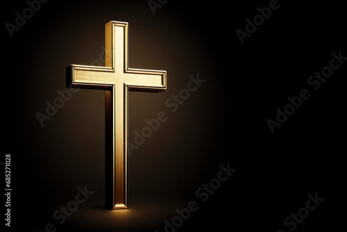 Christian symbol - golden cross isolated on black background. ai generative