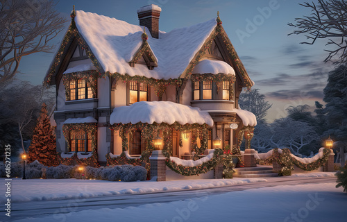 Wallpaper Mural ilustración de una casa de campo de tres plantas nevada durante el atardecer Torontodigital.ca