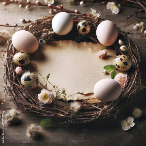 easter background - easter eggs with some twigs as decoration on a wooden underground with text space. ai generative