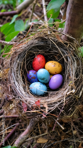 Birds' Nest with Colorful Eggs Amidst Nature's Glow