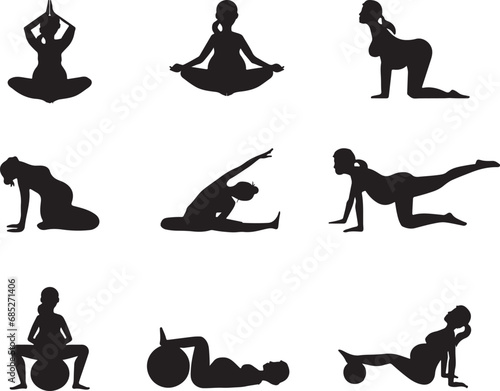 Yoga silhouettes pregnant woman, motherhood, physical activity, mother, exercise