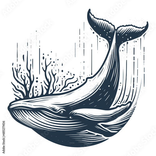 Blue whale vector illustration. Big wave and sea fish in vintage style. Jumping in the ocean humpback whale, Generative AI