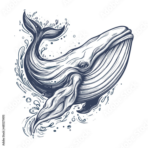 Blue whale vector illustration. Big wave and sea fish in vintage style. Jumping in the ocean humpback whale, Generative AI
