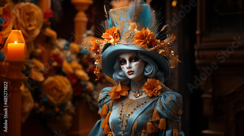 Dama disfrazada carnaval de Venecia, azules blancos y dorados, flores naranjas, de frente, elegante sombrero de copa alto, reclamo turístico, invitación evento © AmayaGB