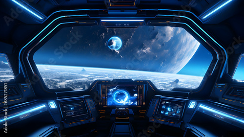 Spaceship cockpit interior, spacecraft control room, generative AI. Inside futuristic shuttle,Generative Ai