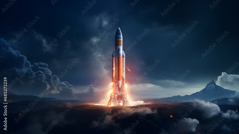 Spaceship takes off into the night sky on a mission. Rocket starts into space ,Generated with AI.