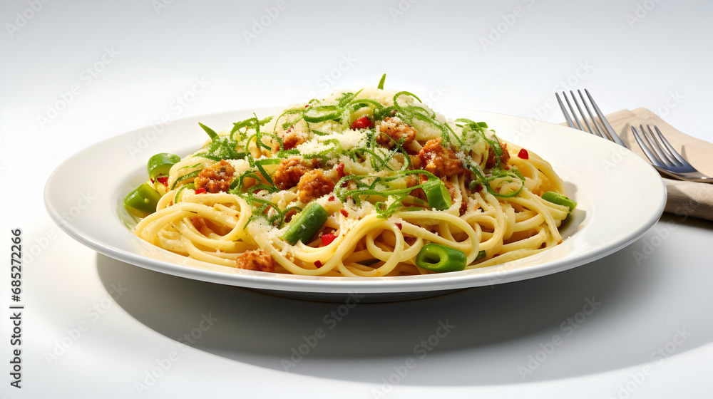 Spaghetti with breadcrumbs, pepperoncini and parmesan, restaurant pasta menu concept on white background,Generated with AI. Spaghetti with breadcrumbs, pepperoncini and parmesan, restaurant pasta menu concept on white background,Generated with AI.