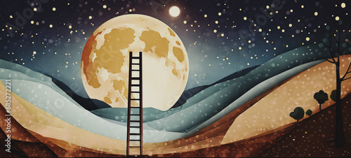 illustrazione di paesaggio astratto con una scala a pioli appoggiata ad una grande luna piena