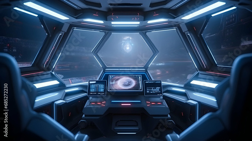 Spaceship cockpit interior, spacecraft control room, generative AI. Inside futuristic shuttle,Generative Ai