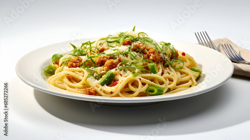 Spaghetti with breadcrumbs, pepperoncini and parmesan, restaurant pasta menu concept on white background,Generated with AI.
