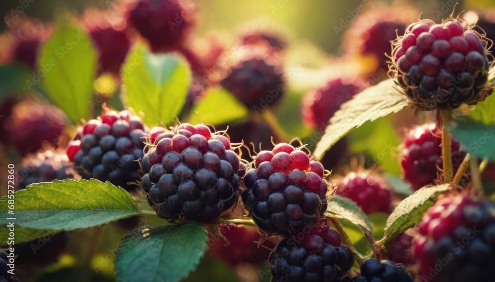 a bunch of raspberries on a bush with leaves in the foreground and the sun shining through the leaves on the other side of the bush, in the foreground. a bunch of raspberries on a bush with leaves in the foreground and the sun shining through the leaves on the other side of the bush, in the foreground.