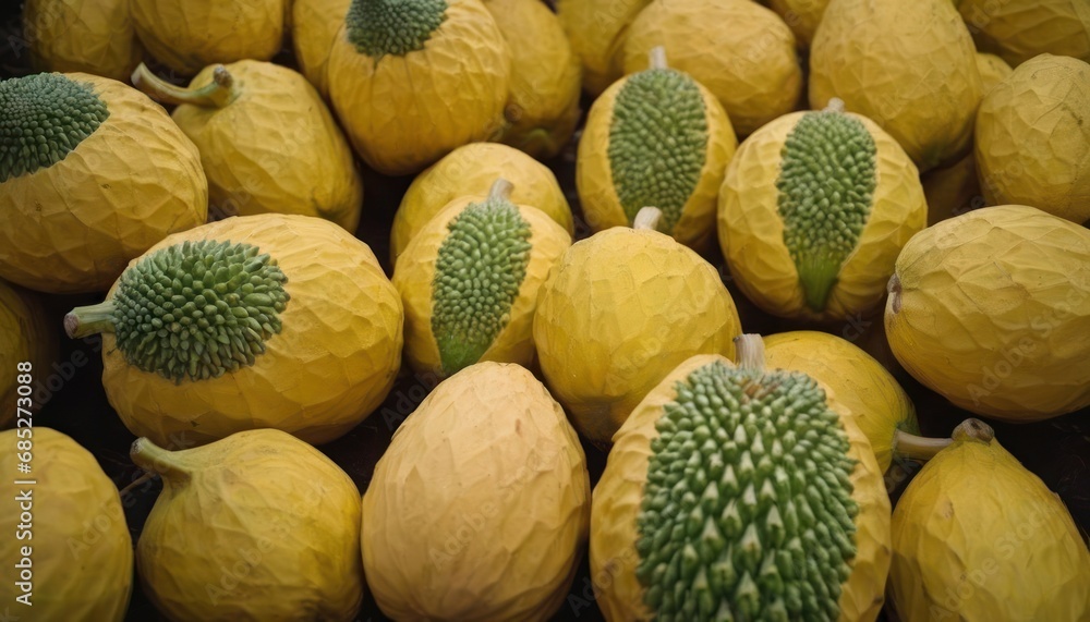  a close up of a bunch of fruit that is yellow and green with a green leaf on the top of one of the fruit, and a green stem on the other side of the fruit.
