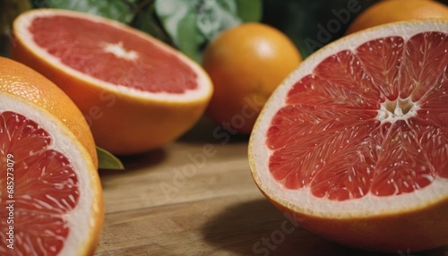  a close up of a grapefruit cut in half on a cutting board with other grapefruits and oranges in the background on a wooden table.