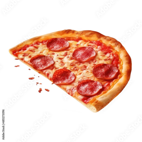 A single slice of pepperoni pizza with melted cheese on a transparent background.