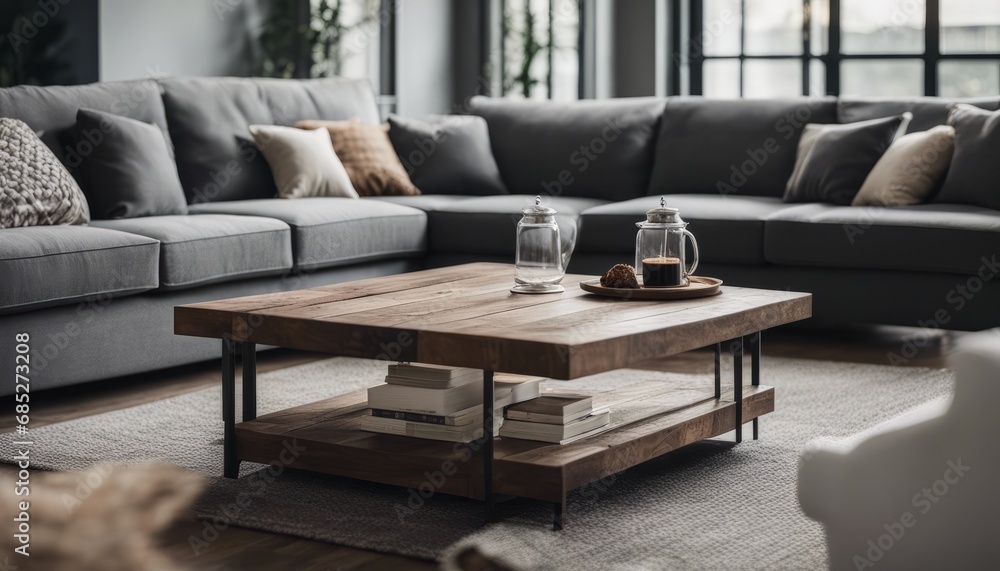 Fototapeta premium Rustic aged barn wood coffee table near grey sofa against big grid windows. Farmhouse home interior