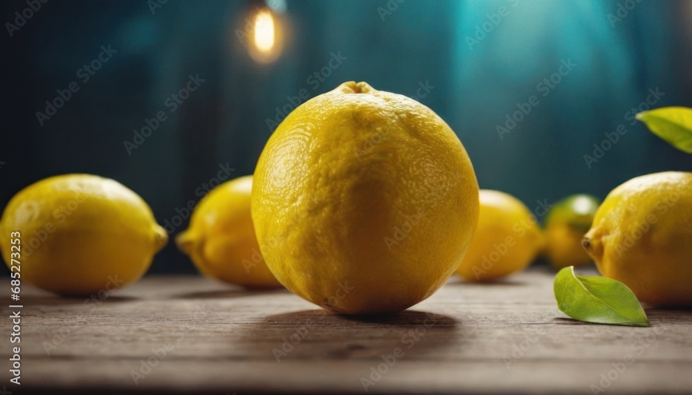  a group of lemons sitting on top of a wooden table next to a group of lemons with green leaves on top of the tops of the lemons.