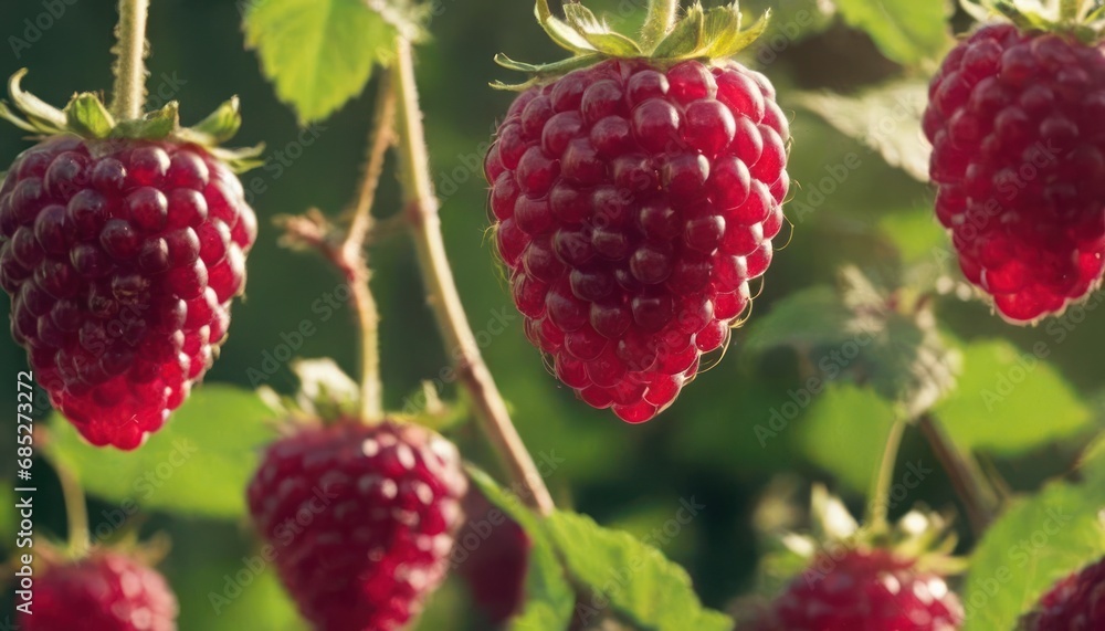 a close up of a bunch of raspberries hanging from a branch with leaves in the foreground and a blurry background of green leaves in the background. a close up of a bunch of raspberries hanging from a branch with leaves in the foreground and a blurry background of green leaves in the background.