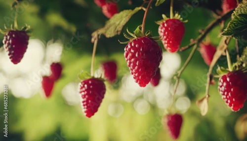  a bunch of ripe raspberries hanging from a tree with green leaves and a blurry background of leaves and berries hanging from a branch in the foreground.