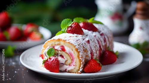 Tasty strawberry roulade served as summer dessert. Strawberry cake made of cream and fruits. ,Generated with AI.