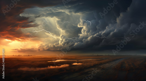 Thunderclouds and rain cover the field 3d illustration,Generated with AI.