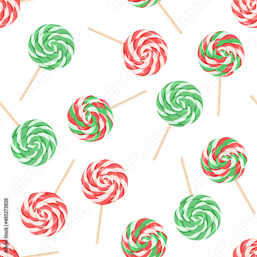 Seamless pattern with lollipops of red and green colors. Sweets background. Vector cartoon illustration swirl round candies.
