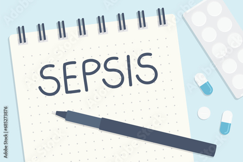 sepsis written in a spiral notebook; flat lay composition with pills and pen- vector illustration