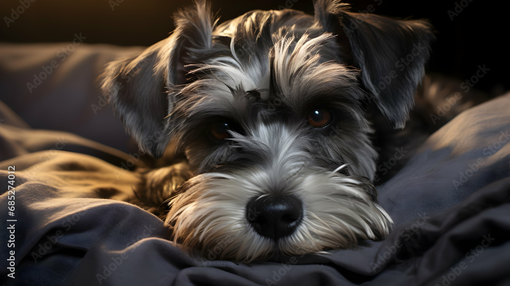 Tired fluffy Miniature Schnauzer on soft blanket,Generated with AI. Tired fluffy Miniature Schnauzer on soft blanket,Generated with AI.