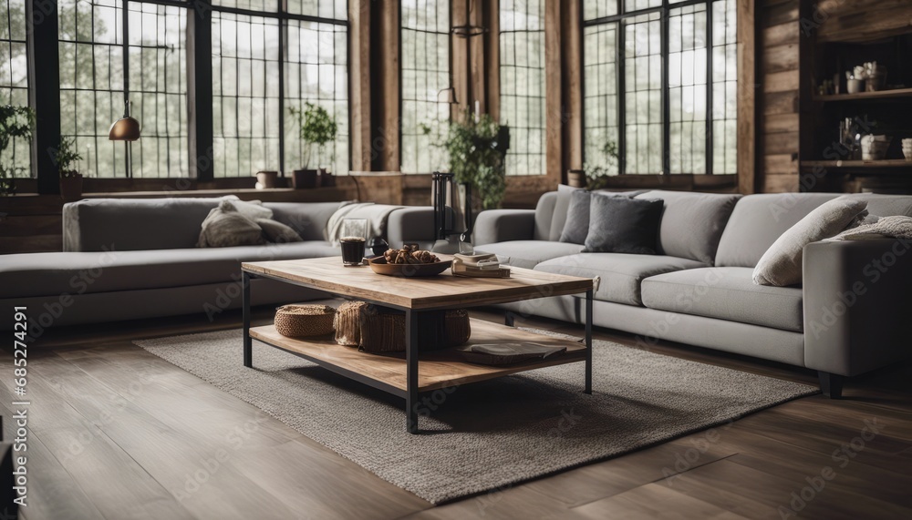 Rustic aged barn wood coffee table near grey sofa against big grid windows. Farmhouse home interior Rustic aged barn wood coffee table near grey sofa against big grid windows. Farmhouse home interior
