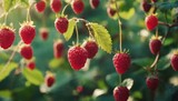  a bunch of ripe raspberries hanging from a branch with green leaves in the foreground and sunlight shining through the leaves on the other side of the branch.