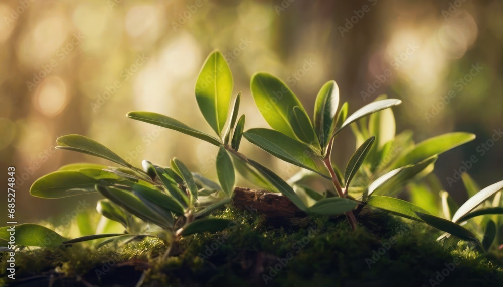  a close up of a small green plant on a mossy surface in the middle of a forest with sunlight streaming through the trees in the background and a blurry background.