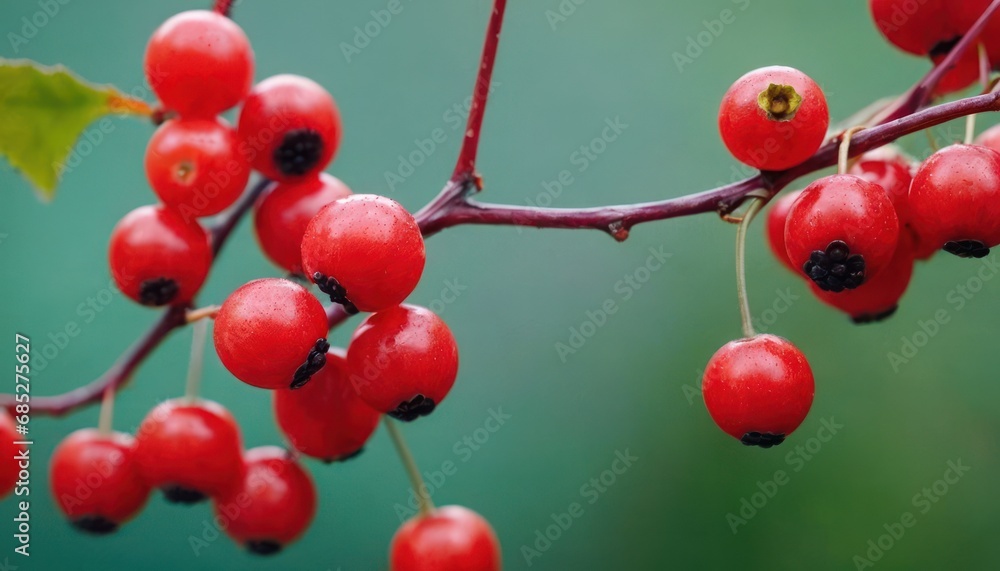 a close up of a bunch of berries on a branch with water droplets on the leaves and the berries on the branch with water droplets on the top of the berries. a close up of a bunch of berries on a branch with water droplets on the leaves and the berries on the branch with water droplets on the top of the berries.