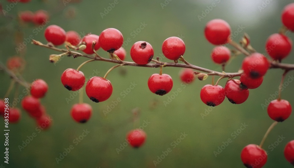 a close up of a bunch of red berries on a tree branch with a blurry background of grass and trees in the back drop down to the foreground. a close up of a bunch of red berries on a tree branch with a blurry background of grass and trees in the back drop down to the foreground.